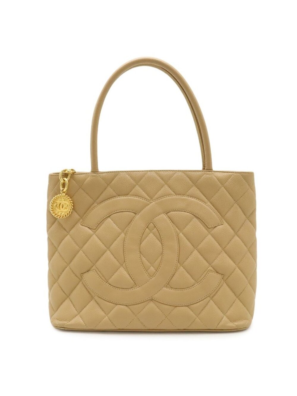 Chanel Quilted CC Logo Medallion Tote Shoulder Bag Caviar Leather Beige Gold